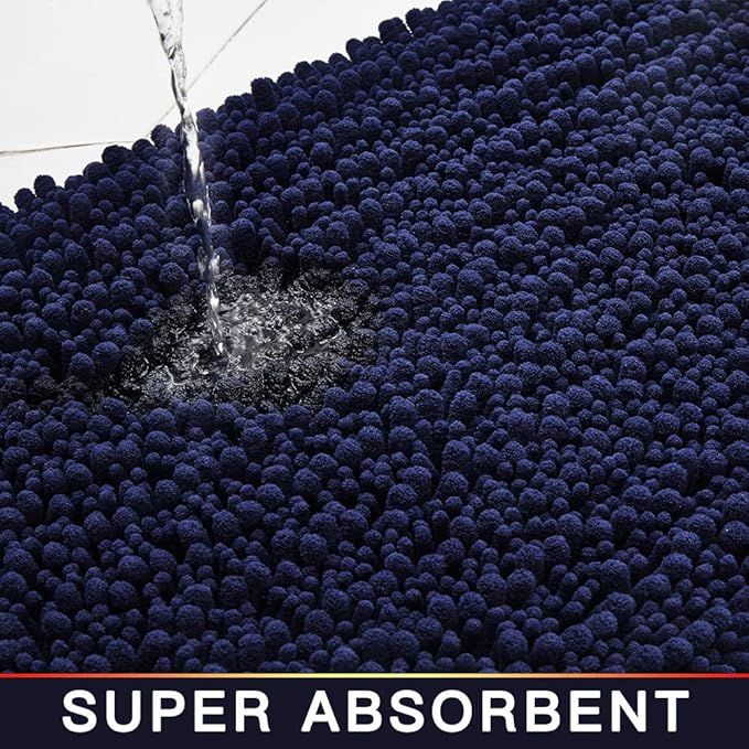 Walensee Large Bathroom Rug Non Slip Bath Mat (24x60 Inch Navy) Water Absorbent Super Soft Shaggy Chenille Machine Washable Dry Extra Thick Perfect Absorbant Best Plush Carpet for Shower Floor