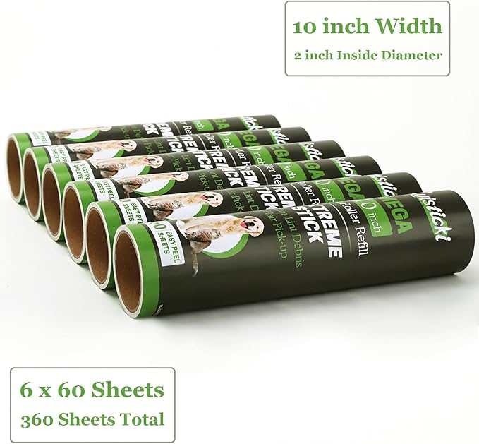 10 inch Mega All-Purpose Pet Hair Lint Roller Refills Compatible with Evercare Mega Roller 10'' Wide Ultra Sticky 60 Sheets Each Refill (Pack of 6, 360 Sheets Total)