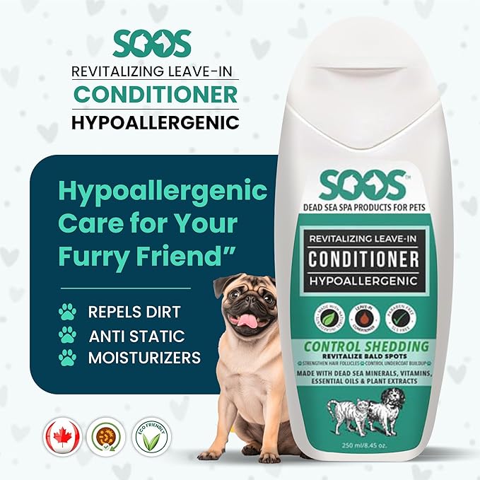 Soos Pets Pet Conditioner Natural Dead Sea Hypoaller-genic Revitalizing Leave-In Deeply Absorbing with Vitamins Essential Oils Natural Elements for Dogs and Cats - 1x Pet Conditioner (250ml / 8.45 oz)