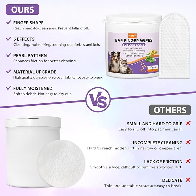 Dog Ear Cleaner Finger Wipes, Ear Finger Wipes for Dogs & Cats, Gently Remove Ear Wax, Debris, Sooths & Deodorizes, Relieve Ear Itching, Pet Ear Wipes with Aloe Vera & Witch Hazel - 50 Count
