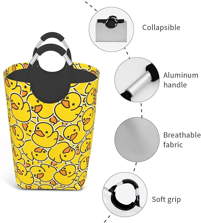 Cute Rubber Ducks Large Laundry Hamper Bag With Waterproof Liner - Cartoon Ducky Laundry Basket Foldable Clothes Storage Organizer For Bathroom Bedroom Nursery Dorm