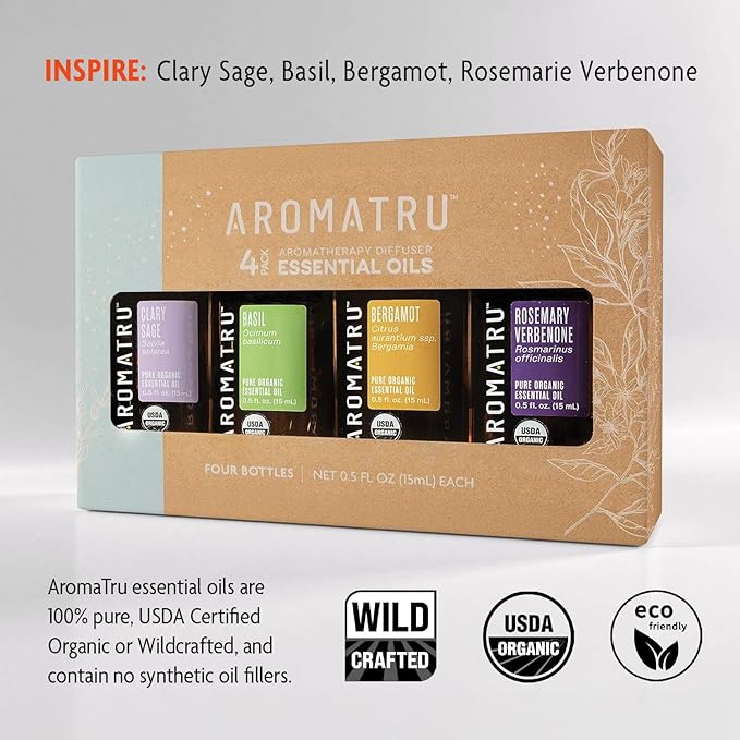 Inspire Essential Oil Kit – Clary Sage, Basil, Bergamot, and Rosemary Verbenone – Organic & Wildcrafted – ISO Certified – No Synthetic Fillers – Ethically Sourced
