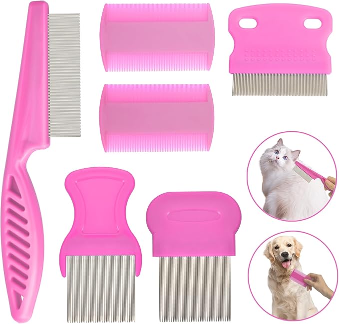 Flea Comb Set for Cats & Dogs - 6 Pack Pet Grooming for Small, Medium & Large Pets (Pink)