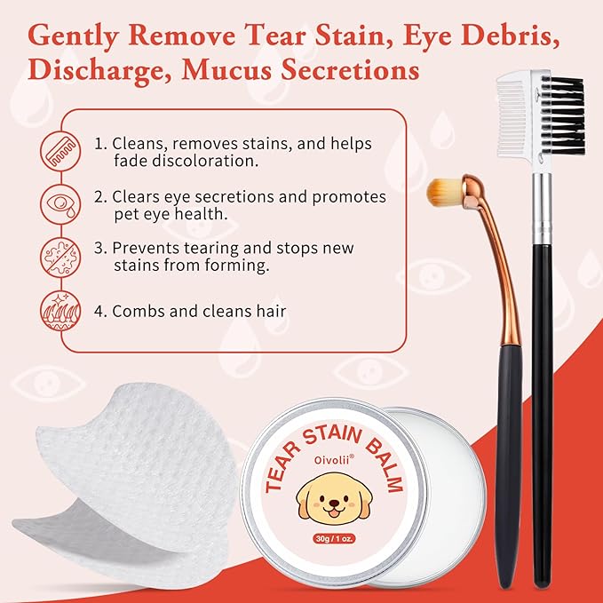 Tear Stain Remover Kit for Dogs & Cats with Tear Stain Comb, Tear Stain Balm, Eye Cotton Pads, Pro Powder Brush Gently Remove Tear Stain, Eye Debris, Discharge, Mucus Secretions