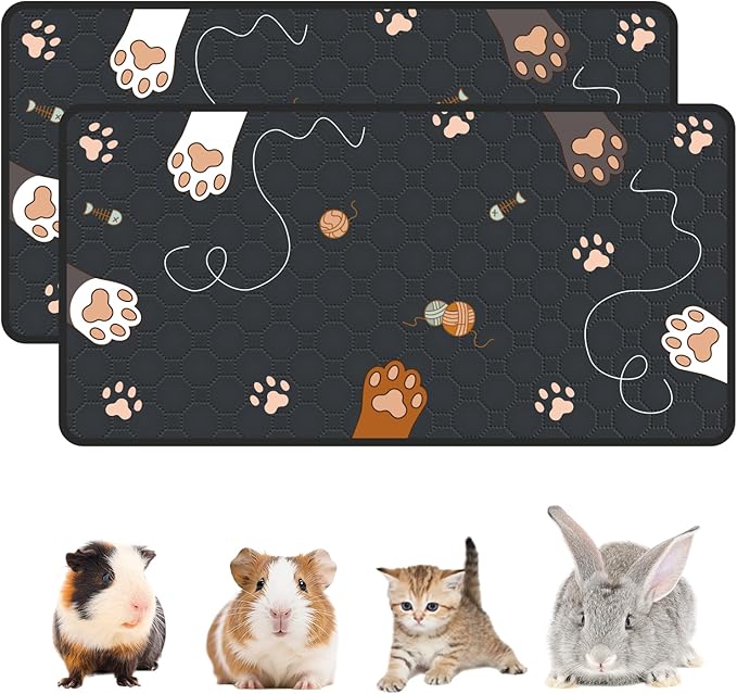 2-Pack Guinea Pig Cage Liner Washable, 28in x 56in Ultra-Absorbent Guinea Pig Bedding for Cage Non-Slip Leak-Proof Pee Pads for Dogs Rabbit Bunny Cat Litter Mat, Black