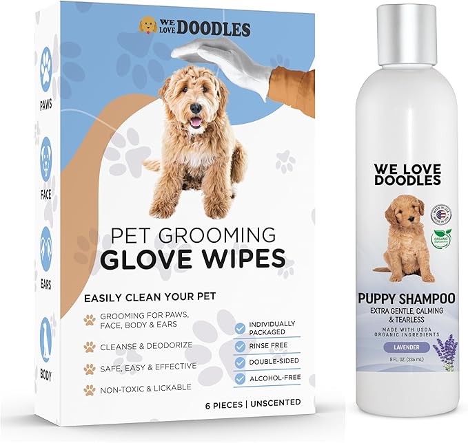 We Love Doodles Dog Gloves Wipes & Puppy Shampoo Bundle - Pet Bathing Wipes for Dogs, Paws, Face, Body, Ears, Shampoo for Puppies, Sensitive & Itchy Skin Wash, Oatmeal Bathing, Tearless