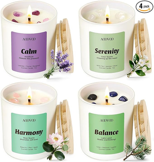 AOOVOO Calm Candles Set for Women - 4 Pack Candles for Home Scented, 28 oz 200 Hour Burn, Aromatherapy Candle with Crystals, Lavender Calm/Jasmine Serenity/Water Lily Pear Harmony/Patchouli Balance