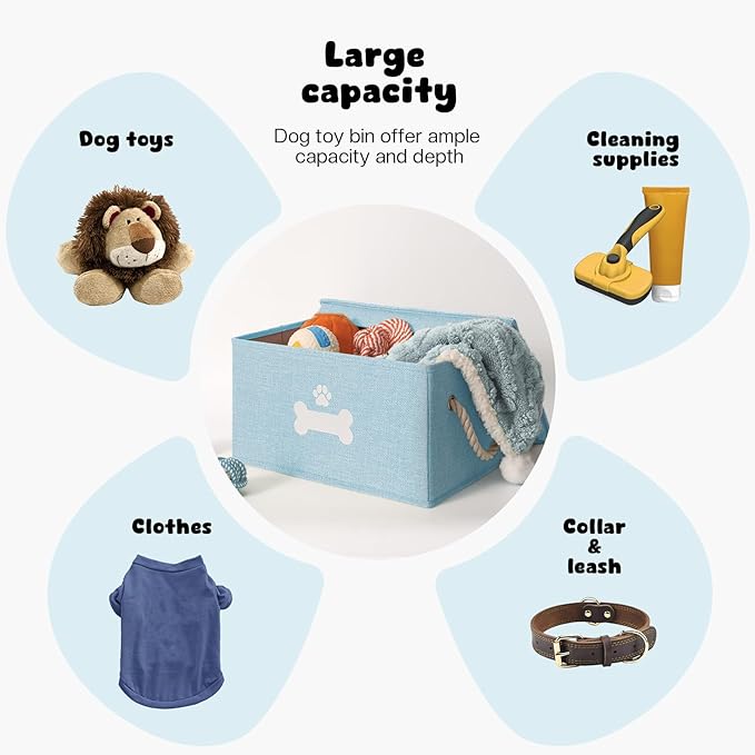 Dog Toy Basket with Lid, Dog Basket for Toys, Dog Toy Box with Cotton Rope Handles, Collapsible Storage Bins for Dog Toys, Dogs Storage Organizer, Blue