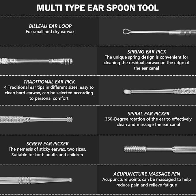 Hion 8 Pcs Ear Wax Removal Kit,Professional Double-Headed Ear Pick Earwax Removal Tools,316L Stainless Steel Ear Cleaner Curette with Cleaning Brush and Storage Box,Suit for Kid Adult(Silver)