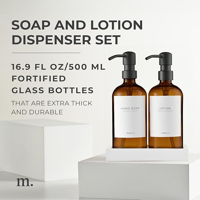 MaisoNovo Soap Dispenser 3-Piece Set | 16.9oz Amber Bottles with Black Stainless Steel Pumps