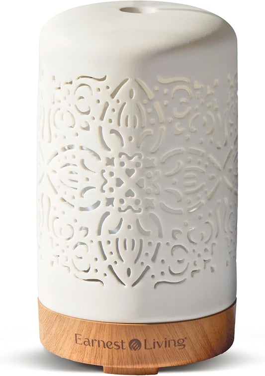 Earnest Living Essential Oil Diffuser White Ceramic Diffuser 100 ml Timers Night Lights and Auto Off Function Home Office Humidifier Aromatherapy Diffusers for Essential Oils