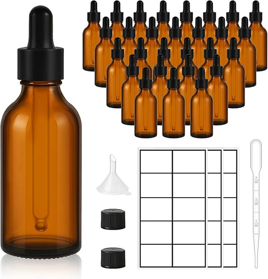 28 Pack 2oz Amber Glass Dropper Bottles Leakproof with Funnels, Eye Droppers, Extra Caps, Labels - Refillable UV Resistant 60ml Empty Bottles for Tinctures, Essential Oils, Beard, Hair Oil