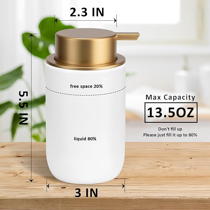 Soap Liquid Dispenser Ceramic with Easy-to-Press Pump Hand Liquid Dispenser (Can't Foam) for Shampoo Bathroom Countertop 13.5 oz