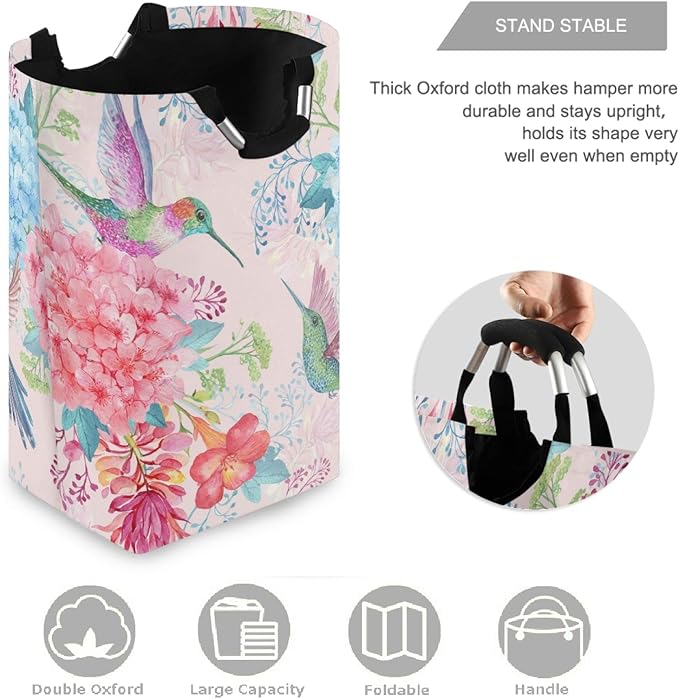 visesunny Pretty Hummingbird And Pink Flower Large Laundry Hamper with Handle Foldable Durable Clothes Hamper Laundry Bag Toy Bin for Bathroom, Bedroom, Dorm, Travel