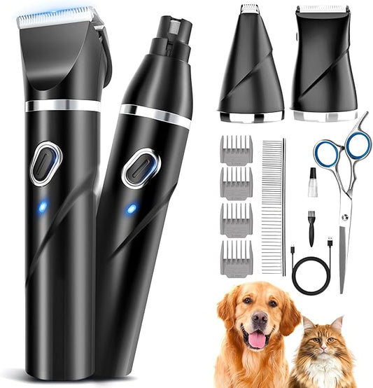 4 in 1 Dog Grooming Kit for Thick Hair, 2000mAh Heavy Duty Dog Clippers for Grooming, 2-Speed Low Noise Paw Trimmer with Nail Grinder for Body, Paws, Nail, Face, Ears, Legs