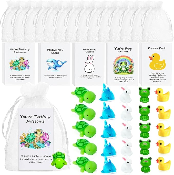100Pack Positive Gifts Bulk Inspirational Teacher Dietitian End of Year Student Gifts,with Funny Card Organza Bag for Coworker Staff（Shark, Frog, Rabbit,Turtle, Duck