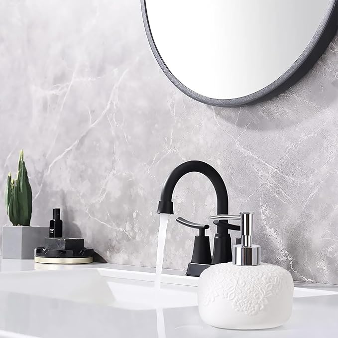 White Soap Dispenser, Ceramic Countertop Lotion Dispenser 14oz with Embossed Design, Bathroom Refillable Lotion Bottle for Shower Soaps Shampoo Kitchen Organization, ANTIS'S HOME