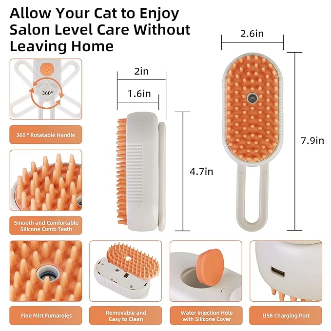 Cat Dog Hair Steam Brush: 4 in 1 Pet Grooming Tool Rechargeable Groomer Silicone Comb for Massage, Cleaning, Shedding and Combing, Anti-Static, 360° Portable Handle for Long or Short Hair Pet (Orange)