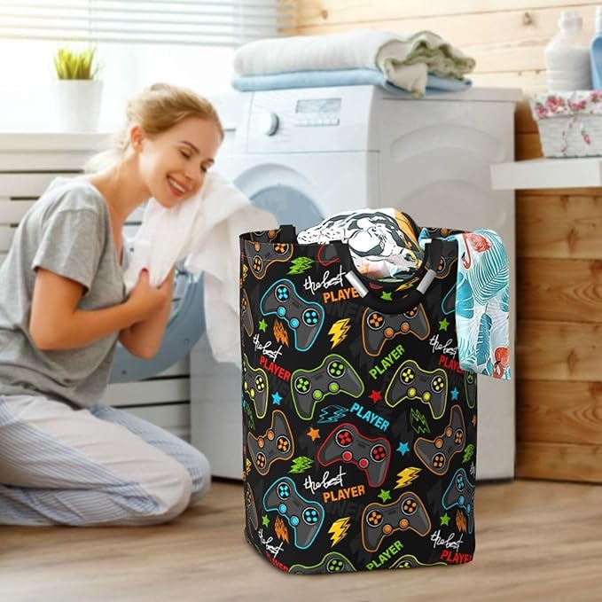 Video Game Gaming Joysticks Large Laundry Hamper Bag With Waterproof Liner - Laundry Basket Foldable Clothes Storage Organizer For Bathroom Bedroom Nursery Dorm