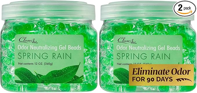 Clear Air Odor Eliminator Gel Beads - 12 oz, Pack of 2 - Air Freshener Made with Essential Oils - Eliminates Odors in Bathrooms, Cars, Boats, RVs & Pet Areas - Spring Rain Scent