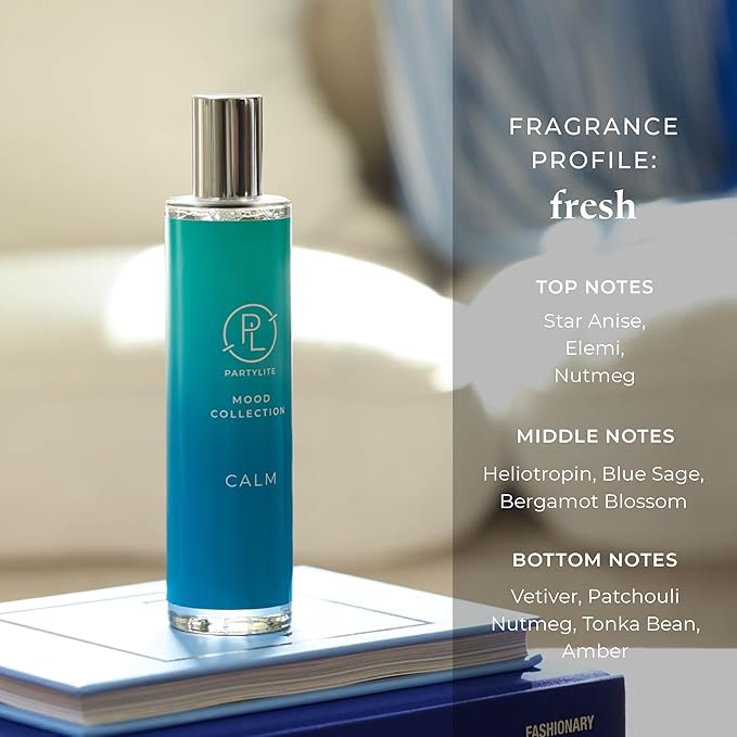 PartyLite Calm Scented Room Spray, 100mL,with Notes of Tranquil Star Anise, Nutmeg, Blue Sage, Part of the Mood Collection, Warm & Spicy, Perfect for Gifting