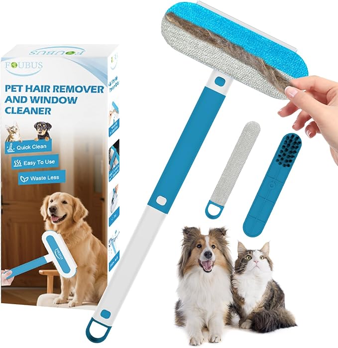 4 in 1 Multifunctional Pet Hair Removal Tool, Dog&Cat Hair Remover for Couch Carpet Furniture, Pet Hair Removal Broom with 17.7Inch Extendable Long Handle&Reusable Washable Cat Hair Remover Brush
