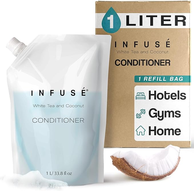 1 Liter Conditioner Refill Bag For Soap Dispensers | Bulk Toiletries for Vacation Rentals, and Home Bathroom Showers | White Tea and Coconut | Single