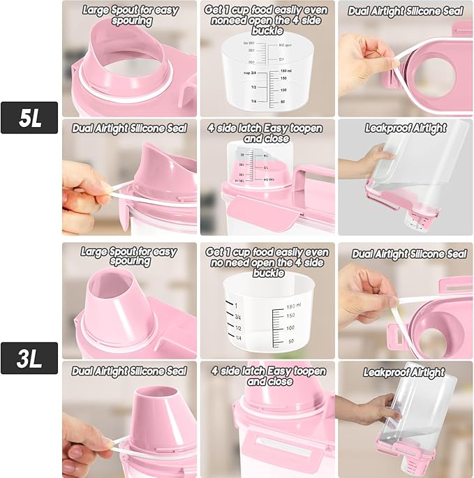 3+5Lbs 2Pack Small Cat Dog Food Storage Containers BPA Free, Airtight Pet Food Storage Containers with Large Pour Spout/1 Measuring Cup/ 4 Safety Locks and Double-Layer Silicone Strip (Pink)