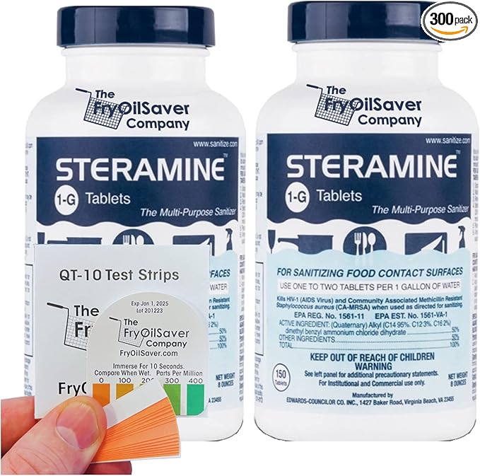 2 Bottles Steramine Sanitizer Tablets - 15x QT-10 Test Strip - Multi Purpose Steramine Sanitizing Tablets for Food Contact Surface in Kitchen, Restaurant & Food Service by FryOilSaver Co. (300 Count)