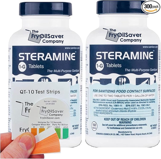 2 Bottles Steramine Sanitizer Tablets - 15x QT-10 Test Strip - Multi Purpose Steramine Sanitizing Tablets for Food Contact Surface in Kitchen, Restaurant & Food Service by FryOilSaver Co. (300 Count)