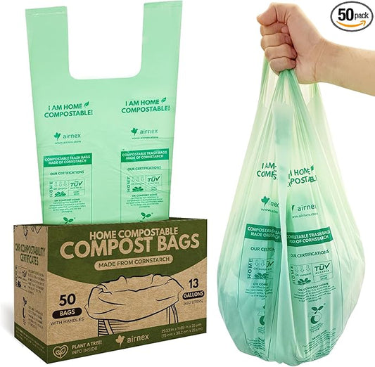 50 Count Compost Bags for Countertop Bin - 13 Gallon Compostable Trash Bags made of Cornstarch - Leakproof & Tear Resistant Biodegradable Trash Bags - OK Compost Home & Seedlings Certified