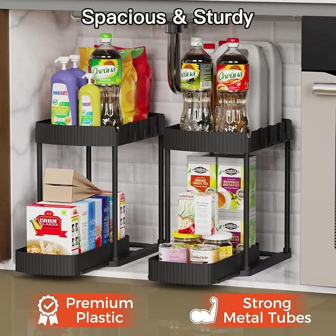 Ukeetap 2 Pack Multi-Purpose Pull-Out Storage Organizers, Under Sink & Cabinet Storage, 12.8 Inch, White (黑色)