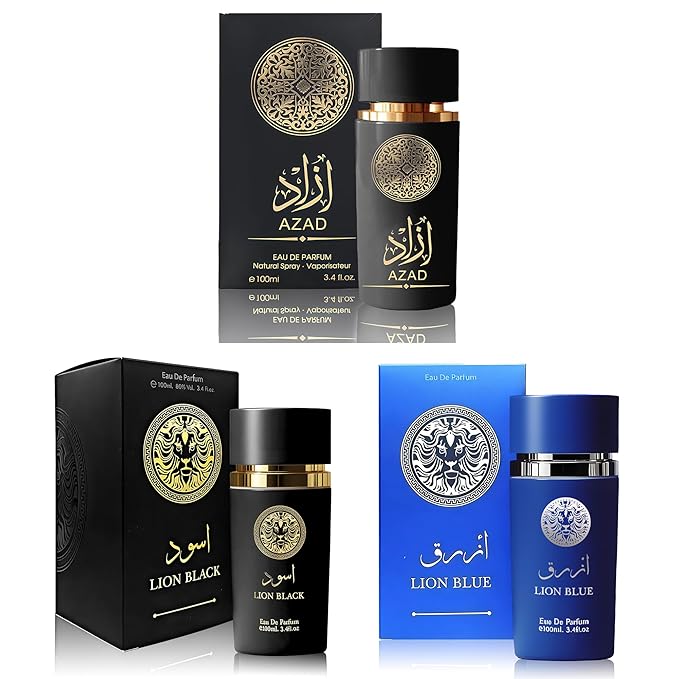 3Pack Men Cologne Azad,Lion Black,Lion Blue Eau De Parfume Spray with Woody Floral & Fruity Scent Perfume Gift Set Day to Night Luxury Fragrances