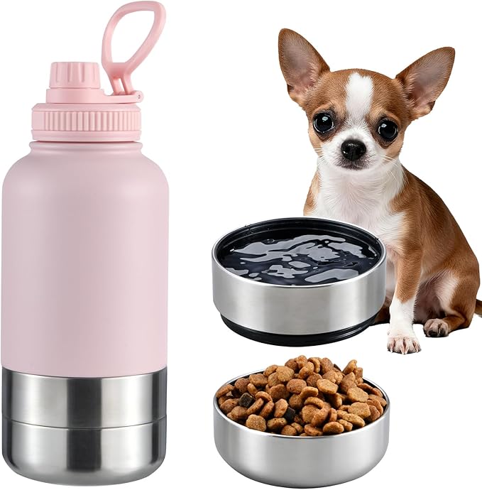 32oz Insulated Dog Water Bottle with 2 Bowls for Small Dogs