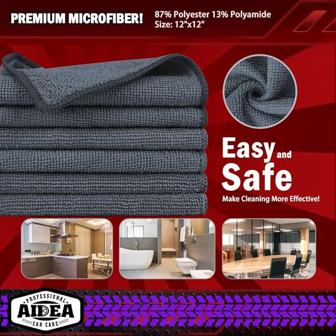 AIDEA Microfiber Cleaning Cloth Grey 150PK, Microfiber Towels for Cars, Premium Car Cloths, Dusting Cloth Lint Free Cleaning Rags for SUVs, House, Kitchen, Window, Workshops,12×12"