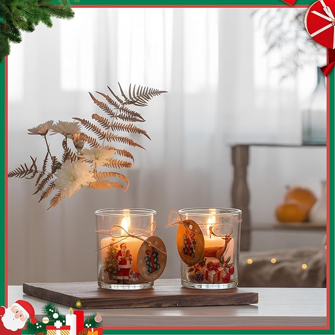 12 Pack Christmas Santa Claus Clear Candle Jars for Making Candles 7 oz Empty Glass Jars with Wood Lids and Blessing Card Snowman Candle Containers for DIY Gifts Home Tea Party Holiday Decor