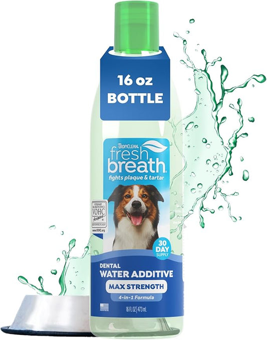 TropiClean Fresh Breath Advanced Whitening Water Additive for Dogs, Max Strength Dog Teeth Cleaning and Breath Freshener Solution, 16oz