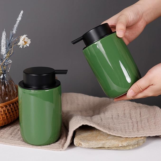 INGOFIN Ceramic Lotion Soap Dispenser Set, 2 Pack (12 oz) Bathroom Hand Soap Dispenser with Pump, Liquid Hand and Dish Soap Dispenser Set, 4 Pcs Clear Stickers, for Kitchen, Bathroom-Olive Green