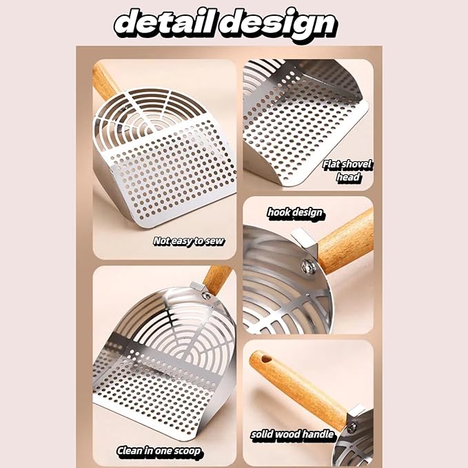 Heavy Duty Aluminum Alloy Cat Litter Scoop with Stand | Beech Wood Grip + Long Handle for Comfort | Deep Sifter for Fast, Efficient Poop/Litter Cleaning | Durable for Litter Box (Round Hole Row)