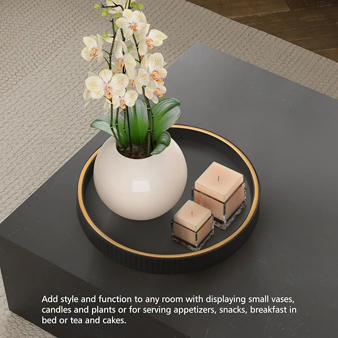 SANZIE Leather Desktop Storage Organizer Premium Serving Tray for Sundries, Cosmetics, Phone, Wallet, Cutlery - Decorative Valet Tray, Black