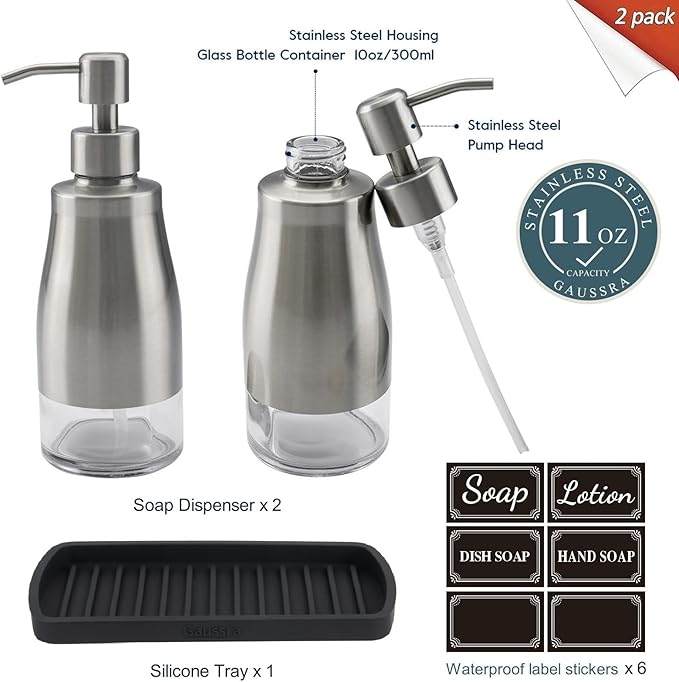 Gaussra Kitchen Soap Dispenser Set with Silicone Tray and Stickers - Brushed Nickel, Stainless Steel Glass Soap Dispenser Bathroom, Refillable Hand Dish Soap Dispenser for Kitchen Sink