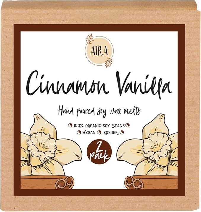 Aira Soy Wax Melt - Organic, Vegan, Kosher, Scented Soy Wax Cubes w/Essential Oil Blends - No Chemical 100% Soy Wax Melts for Tealight Melters - Hand-Poured Soy Tarts - Cinnamon Vanilla - 2 Pack
