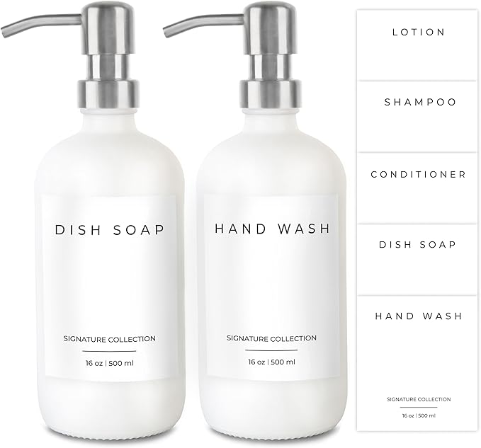 Emerson Essentials Soap Dispenser, Dish Soap for Kitchen - Hand Dispenser Bathroom Set, Kitchen Set Glass Soap Bottles with Pump and Labels, 16 Oz, 2 Pack