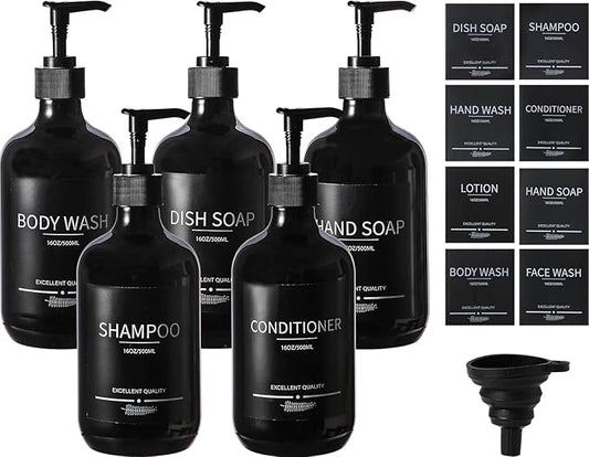 (5Pack) Black Shower Bottles Refillable with Labels, 16.9oz Reusable Shampoo and Conditioner Bottles,Shampoo Dispenser Bottles