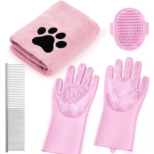 Pet Shower & Bath Supplies，Dog Shampoo Brush Set with Towel, Washing Gloves,Comb for Dogs and Cats (large pink)