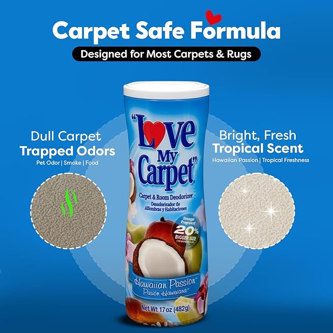 6 Love My Carpet | Carpet Deodorizer & Freshener Powder | 17 oz Pet Odor Eliminator for Strong Odor & Pet Urine | HAWAIIAN PASSION | Safe for Homes with Pets