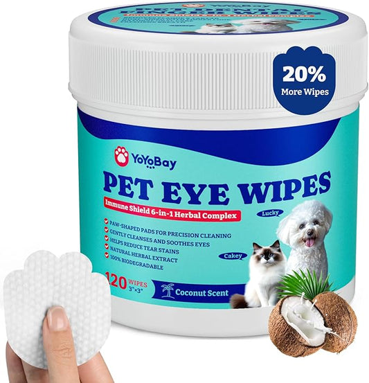 Dog Eye Wipes for Tear Stain Remover – 120 Pet Eye Wipes with Herbal Complex, Dual-Texture Pads for Dogs & Cats, Clean Discharge & Crust, Soothe Eyes, Biodegradable, Vet-Approved, Coconut-Scented