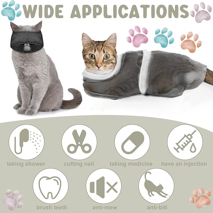 9 Pcs Cat Bathing Bag Set Cat Shower Bag Anti Bite and Scratch for Pet Grooming Washing Brush Comb Muzzle Nail Clipper Nail File Tick Tool(Blue, Gray)
