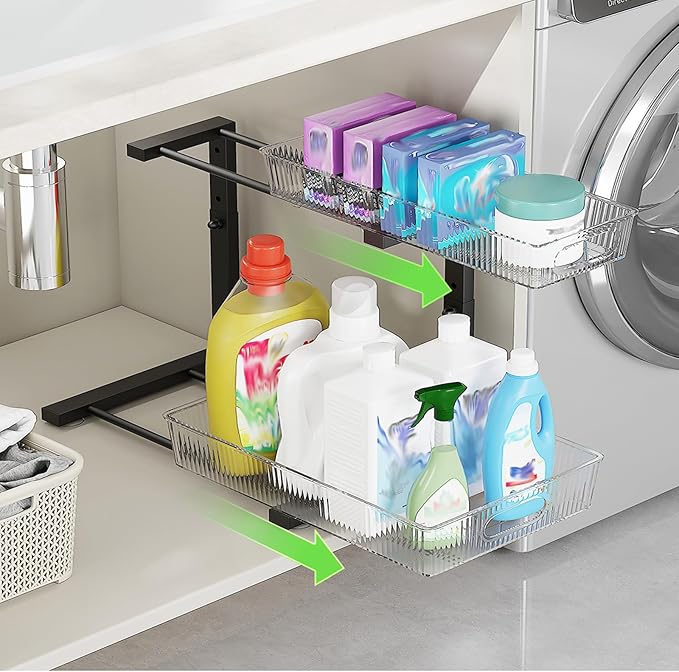2 Pack Under Sink Organizer, 2 Tier Pull Out Storage Organizer, Slide Out Storage Shelf for Bathroom & Kitchen, Under Cabinet Organizer and Storage with 5 Gears Height Adjustable (Black)