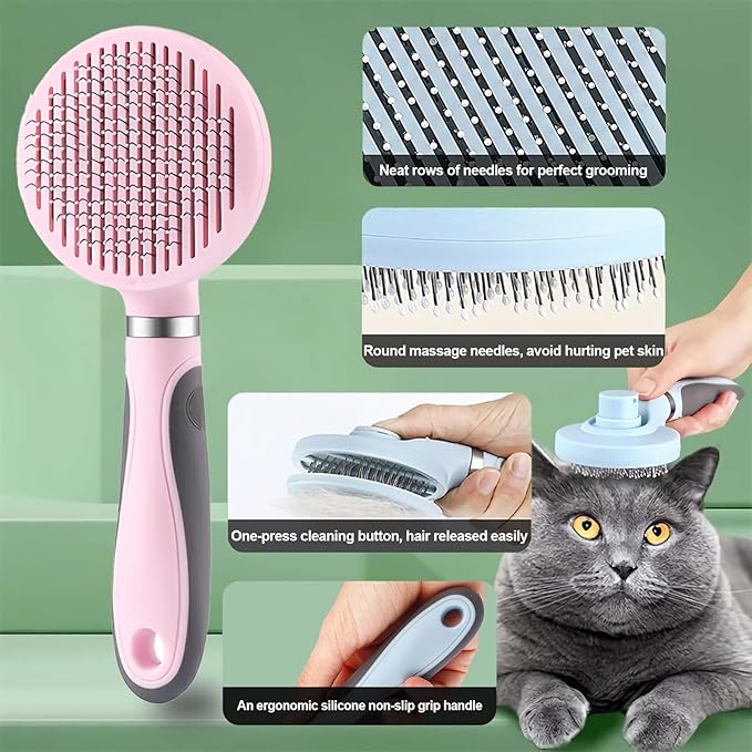 Cat Grooming Kit, 4-in-1 Cat Grooming Tools with Cats Brush, Flea Comb, Nail Clipper & Trimmer - Deshedding & Dematting for Pets Hair and Paws, Pet Shedding Set for Indoor Dogs & Cats (Pink)